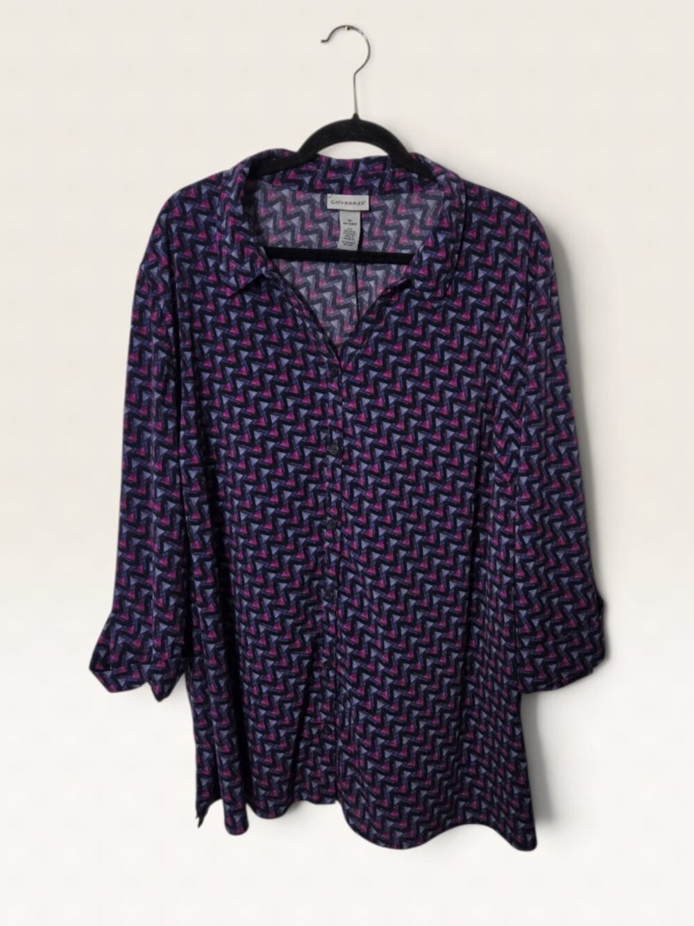 Catherines Plus Size 3X Geometric Pink Blue Button Front Roll Sleeve Tunic Blous